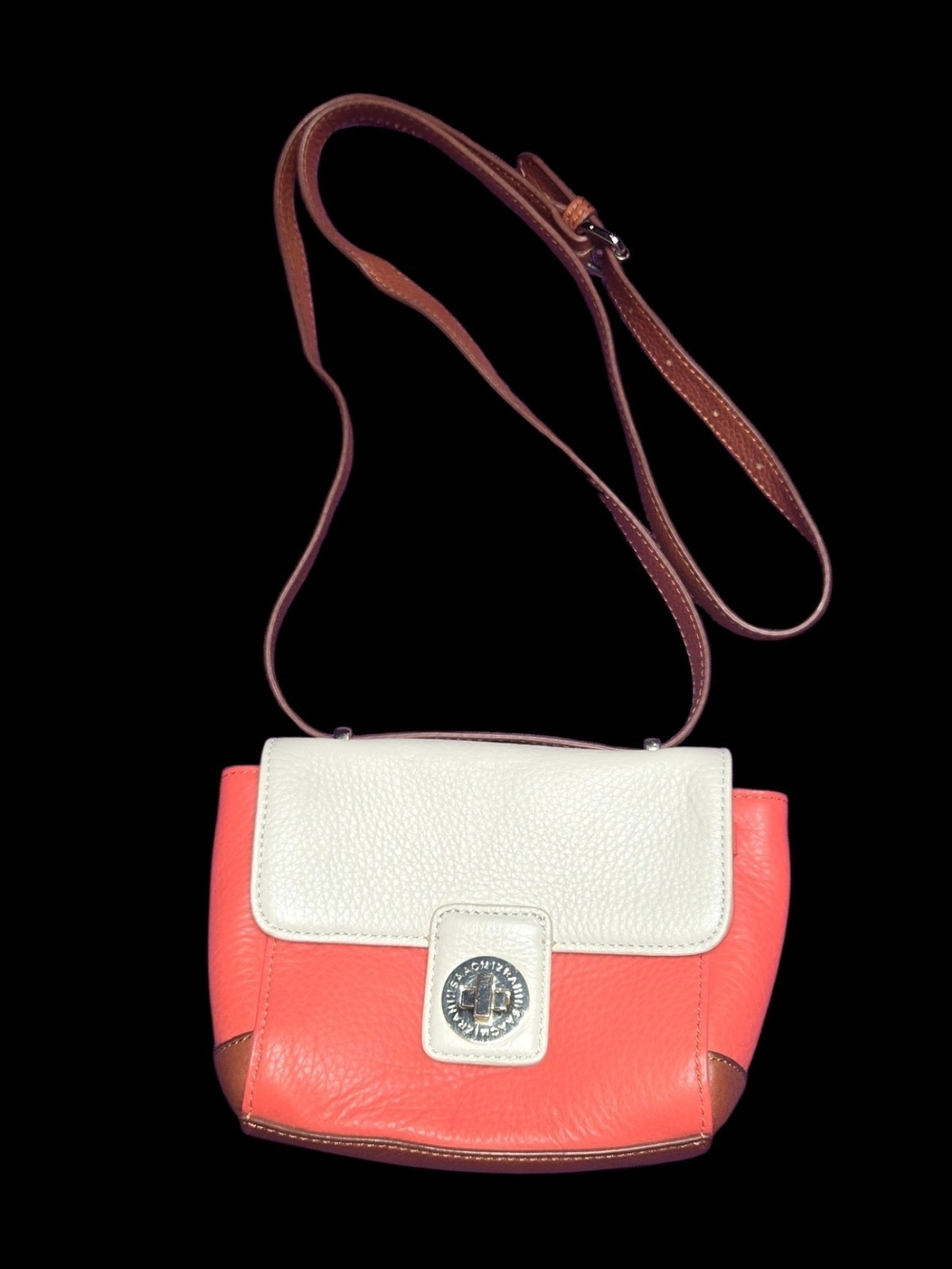 Isaac Mizrahi Cream and Coral Crossbody with Brown Strap